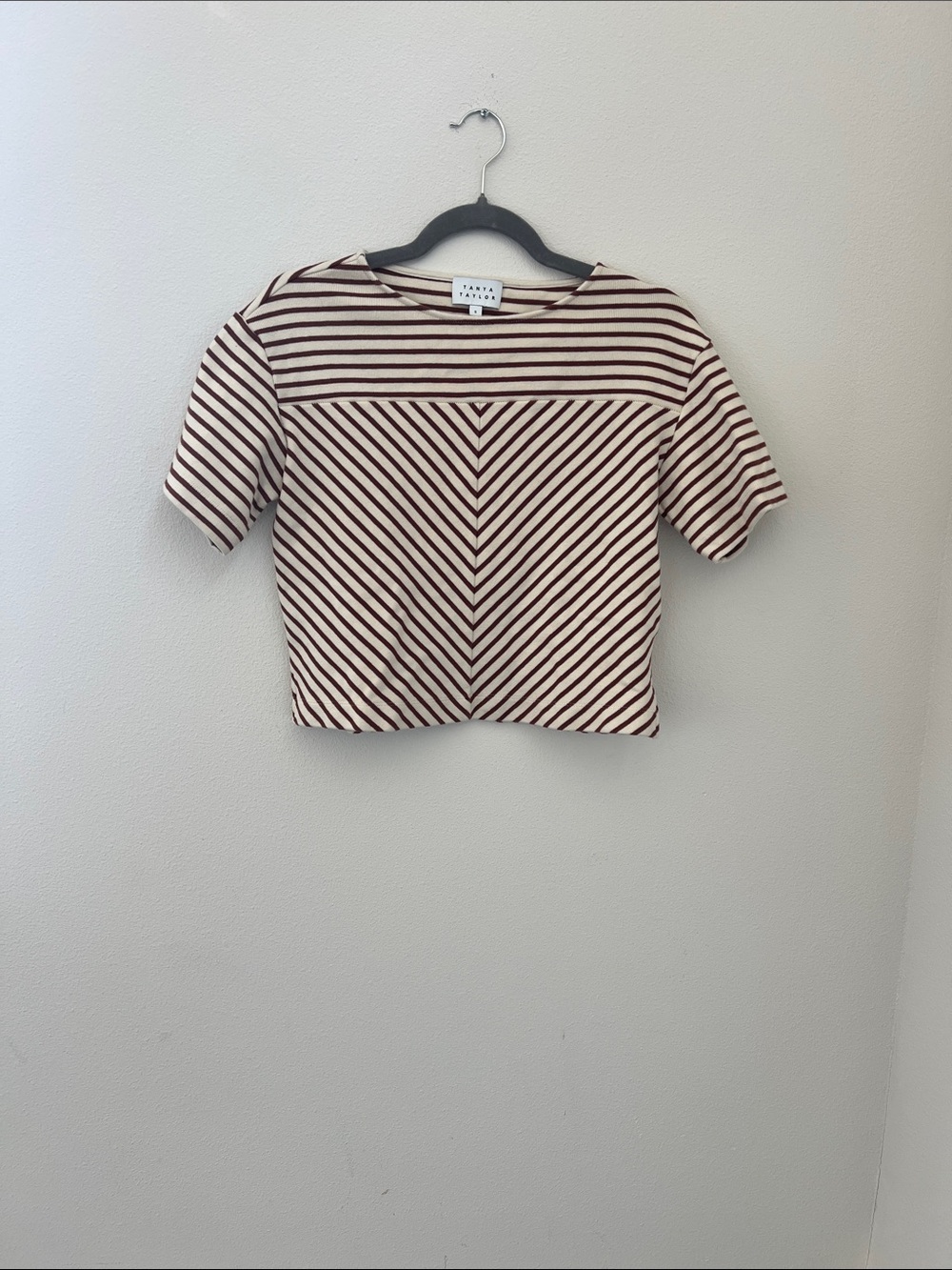 Tanya Taylor Cream and Burgundy Striped Cropped Tee